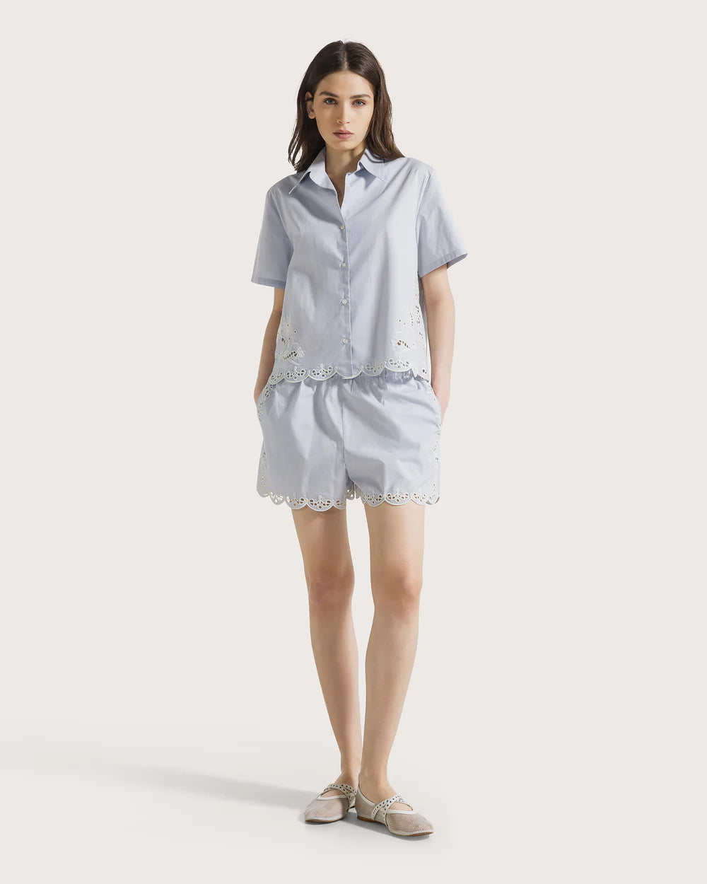 Shorts in popeline di cotone con ricamo Sangallo / 19.70